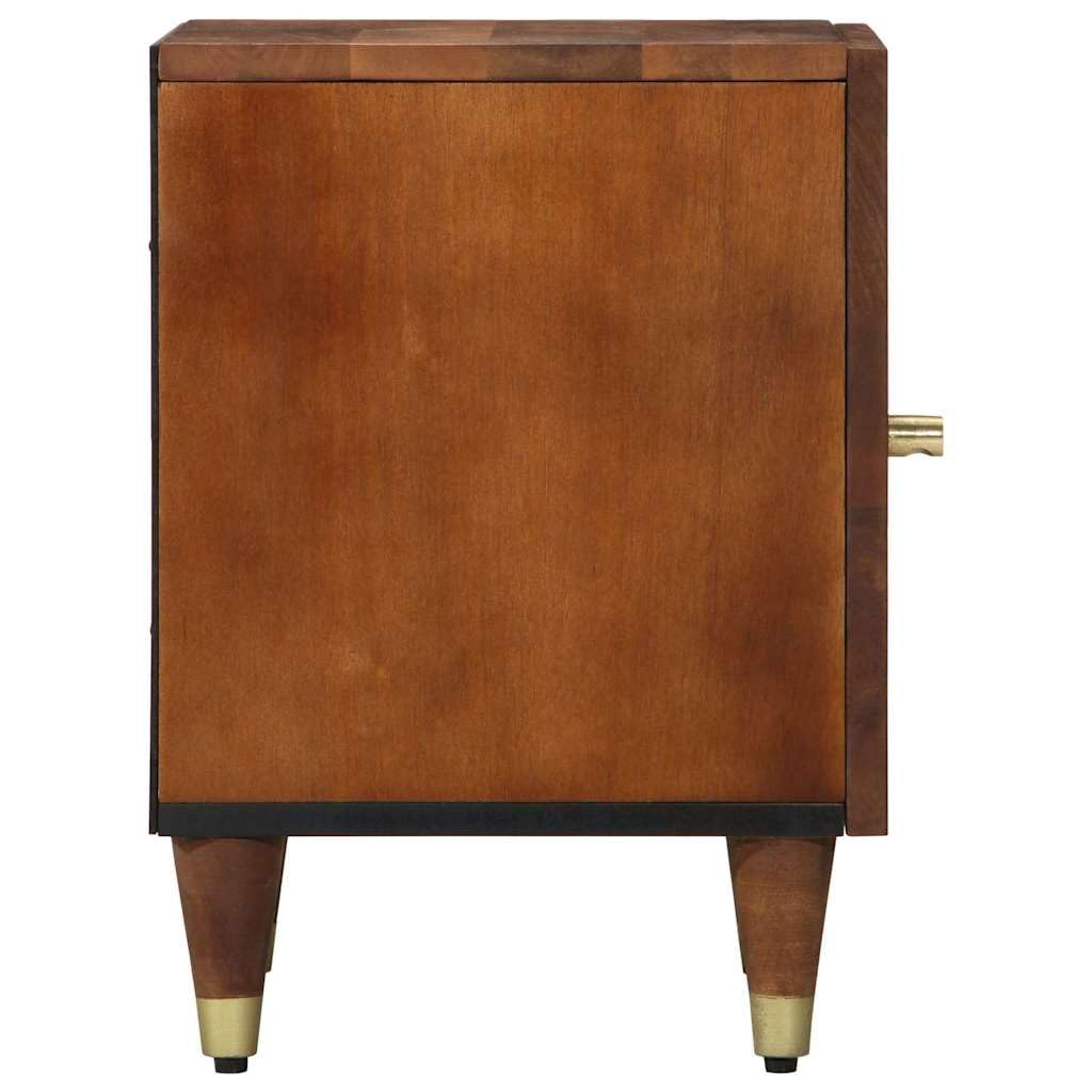 Set di 2 comodini con anta, color marrone miele, in legno di mango massiccio, comodino moderno con vano portaoggetti e bottoni in ottone, 40 x 33 x 46 cm, design compatto per camera da letto