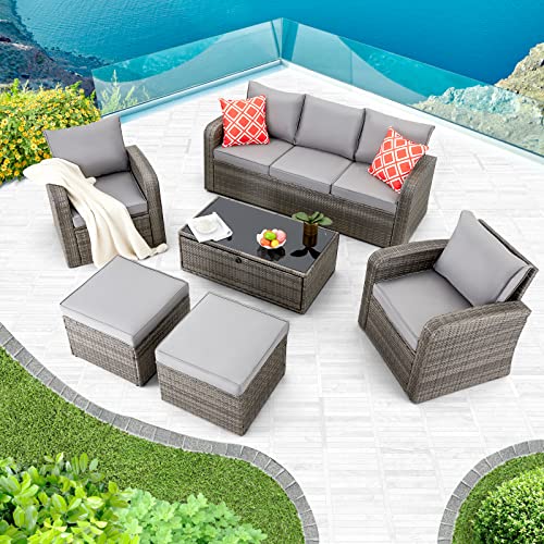 HOMREST All Weather Wicker Patio Conversation Sets, 6 Pieces Patio Furniture Sets with Storage Glass Coffee Table, Outdoor Sectional Sofa w/Ottomans, Cushions & Pillows for Garden Lawn Balcony Gray