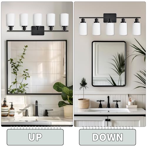 Image of LOUSACE 5 Light Matte Black Vanity Light Bathroom Lighting Fixtures Over Mirror with Opal White Frosted Glass Shade, Vanity Light Fixtures for Bathroom Bedroom Living Room