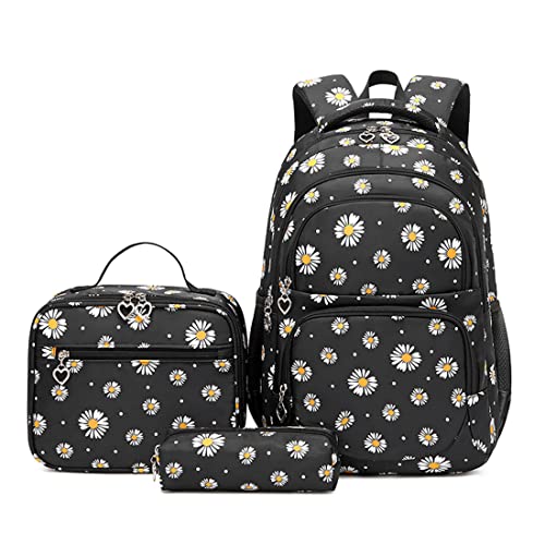 YJMKOI 3 peças de mochila com estampa de margarida para meninas, estudantes do ensino médio, conjunto de mochila com lancheira, Preto, 3PCS Daisy