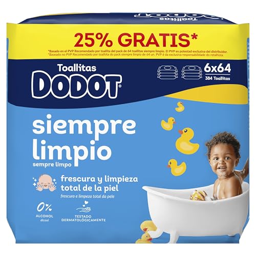 Dodot Toallitas Bebé Seco para Bebé, 384 toallitas, recupera el pH de la piel del bebé (6 Paquetes de 64)