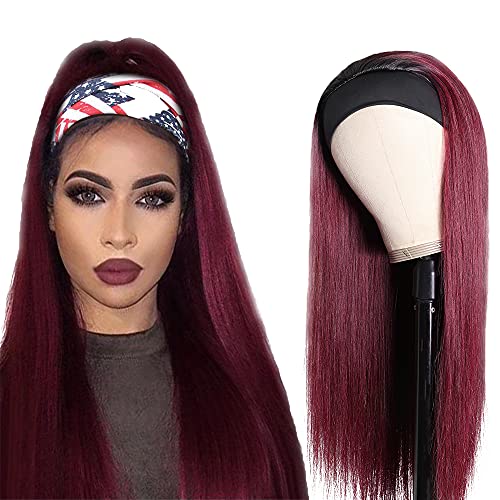 WunnSvm 14 Inch 1B99J HeadBand Wig Straight Human Hair Wigs 100 Percent Brazilian Virgin Remy Hair Burgundy Headband Wig Glueless None Lace 150 Percent Density Human Hair Headband Wig