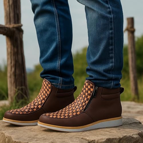 Zenfaze Handcrafted Western Cowboy Boots, Men's Square Toe Leather Hand-woven Cowboy Double Side Zipper Petatillo Boot2
