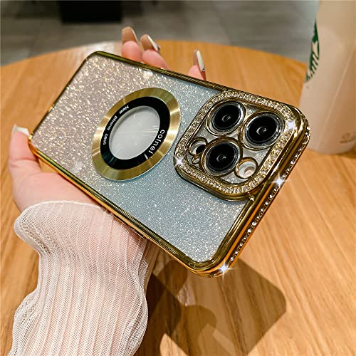 Étui magnétique en strass luxe pour iPhone 14 Pro coque antichoc dorée de protection