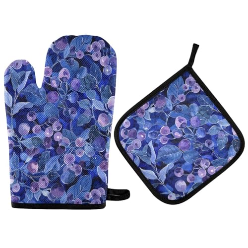 Blueberry Painting Lot de 2 gants de cuisson isolés thermiquement pour cuisine, pâtisserie, barbecue