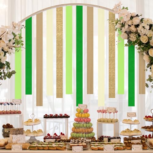 Image of 5 Rolls Green & Gold Crepe Paper Streamers, Crepe Paper Craft for Wedding Baby Shower Birthday Bridal Party Engagement Decorations Supplies