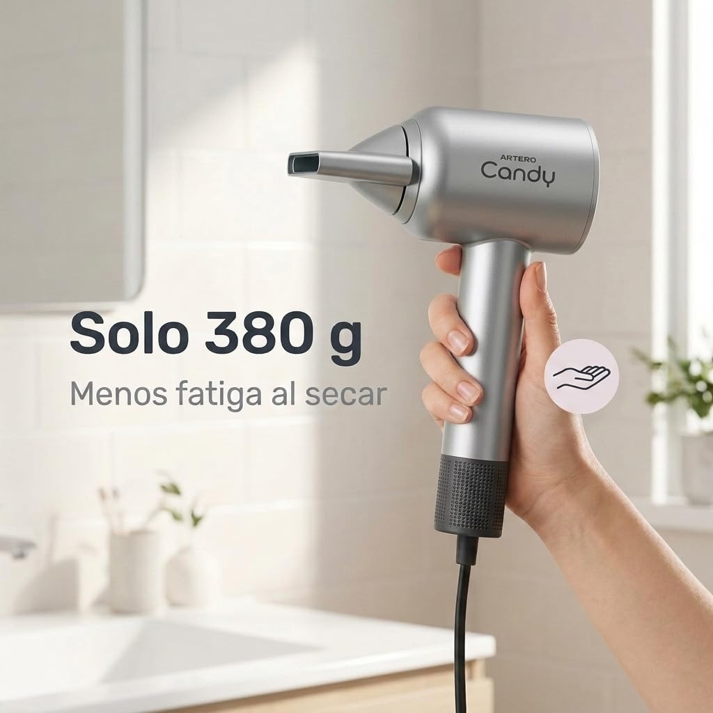 ARTERO Candy Secador Profesional para Peluquería y Barbería — Motor Brushless BLDC 1600W Silencioso, Ultraligero 380g, Compacto, Ergonómico, Boquilla Magnética (Gris)
