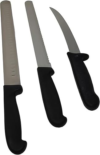 Texas BBq - Juego de cuchillos para pechuga de res con cortador de borde Granton de 12 pulgadas, cortador dentado de 10 pulgadas y cuchillo curvado