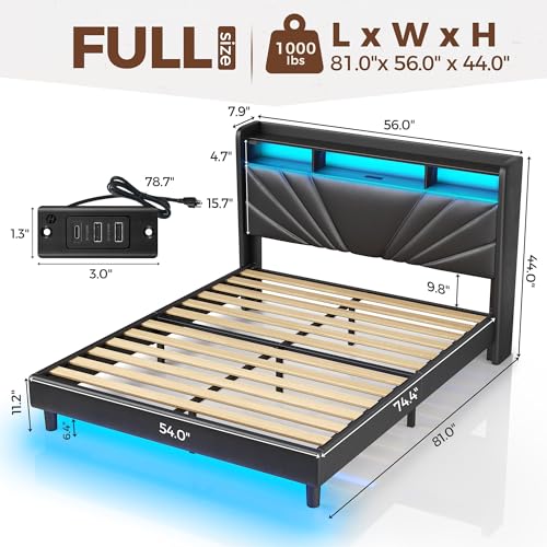 Image of Rolanstar Full Size Bed Frame, Storage Headboard with Charging Station and LED Lights, Upholstered Bed with Heavy Duty Wood Slats, No Box Spring Needed, Noise Free, Easy Assembly, Black