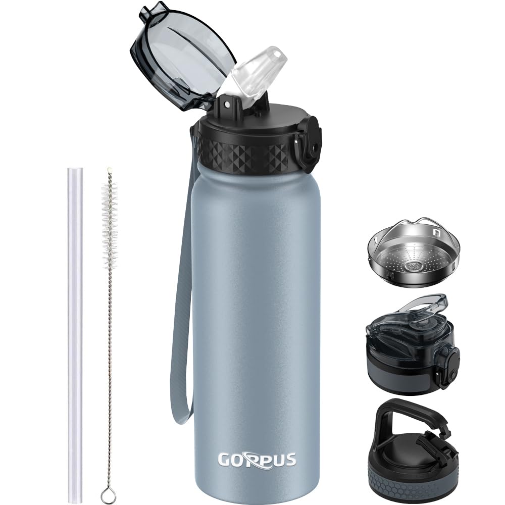 GOPPUS 600ml/20oz Stainless Water Bottle with Straw Double Wall Insulated Bottles with Strap One Hand Open Vacuum Thermal Flask Leakproof Keep Cold Bottles with Flip Top Lid BPA Free (Gray) — image 1