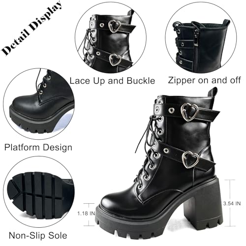 Image of MEOTINA Women Platform Boots Black Chunky Heel Ankle Booties Lace Buckle Combat Boots with Zipper High Heel Goth Shoes