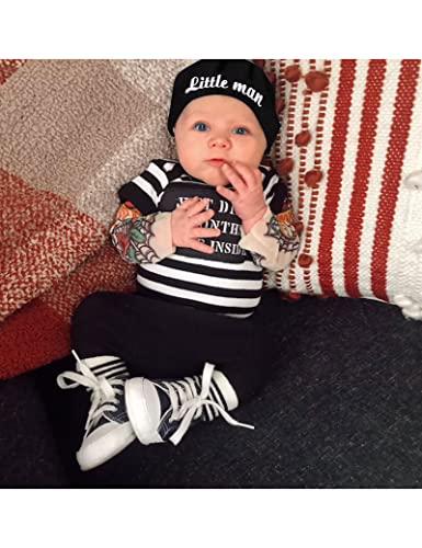 Baby Boy Clothes 0-3 Months Fake Tattoo Sleeve Just Did 9 Months On The Inside Funny Baby Onesie Romper Rockabilly Bodysuits +Little Man Hat + Skull Pant 3Pcs Outfits Set #TOP1