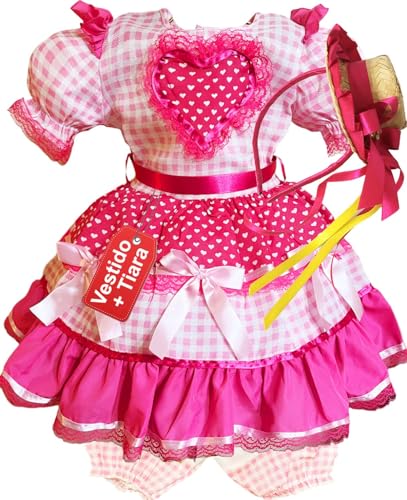 Vestido Festa Junina Caipira São João Quadrilha Coração Pink (BR, Numérico, 12, Regular, Pink Rosa)