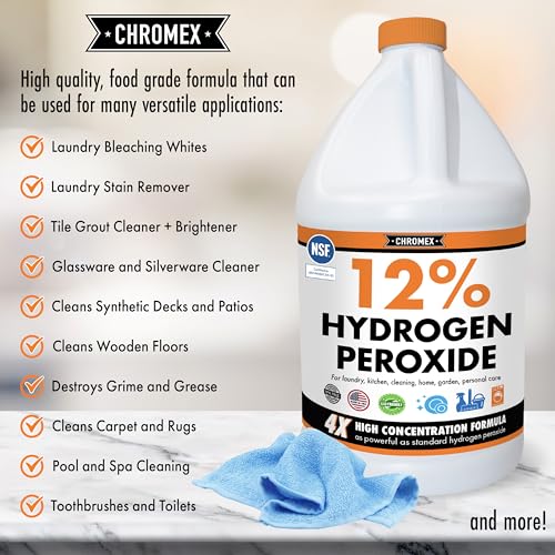 Image of Chromex Hydrogen Peroxide 12 Percent Food Grade, 4x Power Concentrated Solution, 4 Gallons Dilute to 16 Gallons, Versatile Uses include Topical Care, Home, Kitchen, Bath Cleaner, NSF Certified