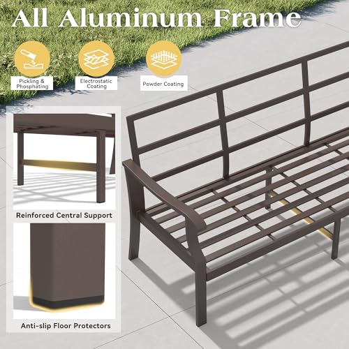 Mvpipi 6 Piece Aluminum Patio Conversation Set, Outdoor Metal Furniture Set w/Rocking Swivel Chairs, 3-Seat Sofa, Ottomans and Coffee Table, 5" Thickened Cushions for Backyard, Poolside, Beige