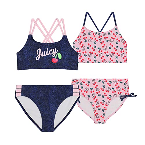 Juicy Couture Girls 4 Pack Two Piece Bikini Swimsuit Set, Kids Bathing Suit Swimwear Bikinis Tie Dye, Ombre, Metallic