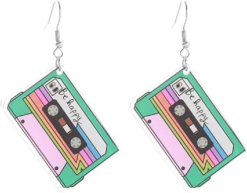 Aretes de neón de los años 80 para mujer, coloridos aretes de gota de acrílico con cinta de cassette retro, ligeros, para juegos de radio, aretes