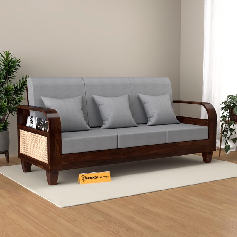 Divine Living Sheesham Wooden 3 Seater Sofa for Living Room | Solid Wood Sofa with Rattan Cane Side Rack | Rosewood Sofa Set for Home & Office | Lounge (Walnut, 3 Seater)-image-24