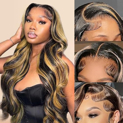 Erqq 30 Inch 13x6 Lace Front Wigs Human Hair Ombre Highlight Body Wave Wig HD Lace Pre Plucked Wigs for Women 180 Density 1b/27 Color