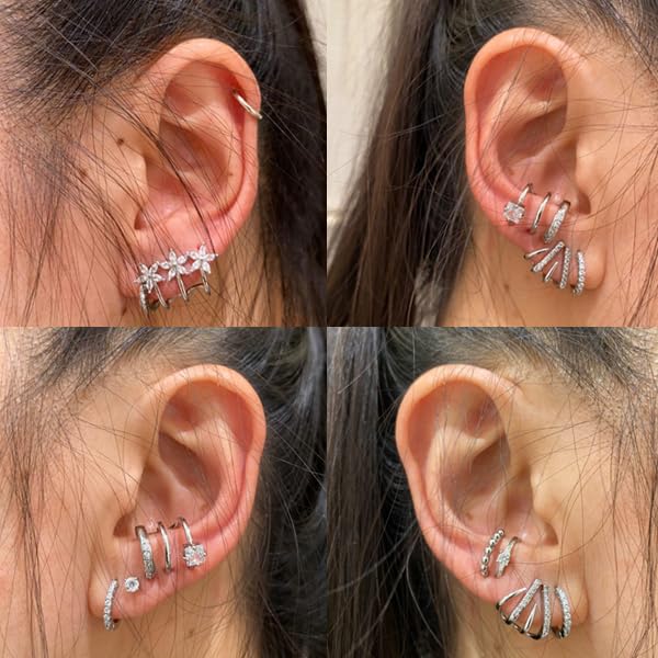 Fansilver 925 Sterling Silver 𝐂𝐥𝐚𝐰 𝐄𝐚𝐫𝐫𝐢𝐧𝐠𝐬 Cubic Zirconia 𝟏𝟒𝐊 𝐆𝐨𝐥𝐝 𝐏𝐥𝐚𝐭𝐞𝐝 Cuff Earrings Triple Huggie Illusion Stud Earrings Hypoallergenic Wrap Ear Cuffs Earrings for Women Trendy3
