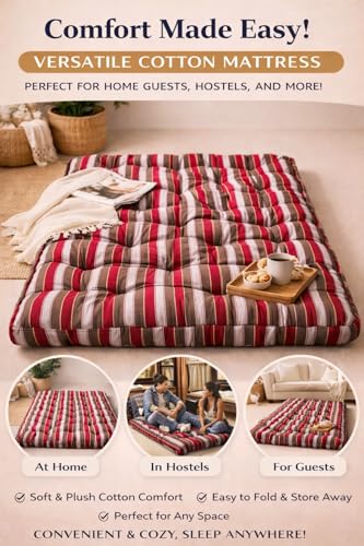Image of Adim's Handmade Traditional Quilt Gadda Mattress, Red Lining, Small Single, Pure Cotton Fabric, Cotton Filled, Firm, Reversible Design, 2.5 x 6 ft or 72 x 30 Inches