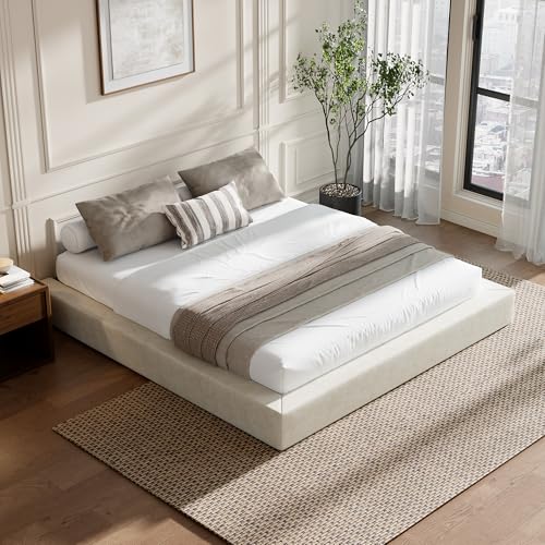 Image of RECCI AirFrame King Size Bed Frame, Cloud Upholstered Platform Bed Frame, 5 Inch Fully Boxy Foam Cushioned, Square Shape Base, No Box Spring Needed, Easy Assembly | Beige Chenille, Soft Low-Profile