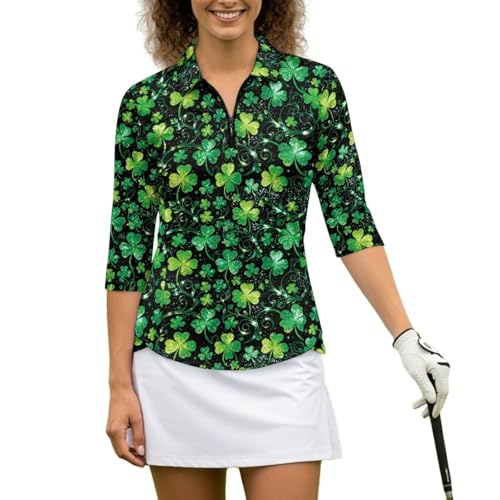 Suhoaziia Green Lucky Shamrock Womens 3/4 Sleeve Golf Polo Shirts UPF 50+ Quick Dry Tennis Polo Sports Fitness Workout Pullover Quarter Zip Hiking Tops St Patrick's Day Costume Outfits S-XXL