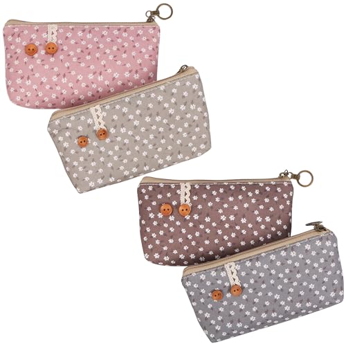 Belle Vous (Pack de 4) Set de Bolsas Tela para Lápices con Diseño Floral - Bolsa Lona Cremallera para Cosméticos, Escuela, Papelería, Maquillaje, Artículos de Tocador, de Manualidades y Viajes