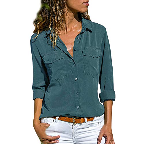Chaofanjiancai Women Casual Long Sleeve Turn Down Collar Pockets Button Front Solid Shirt Tops Blue