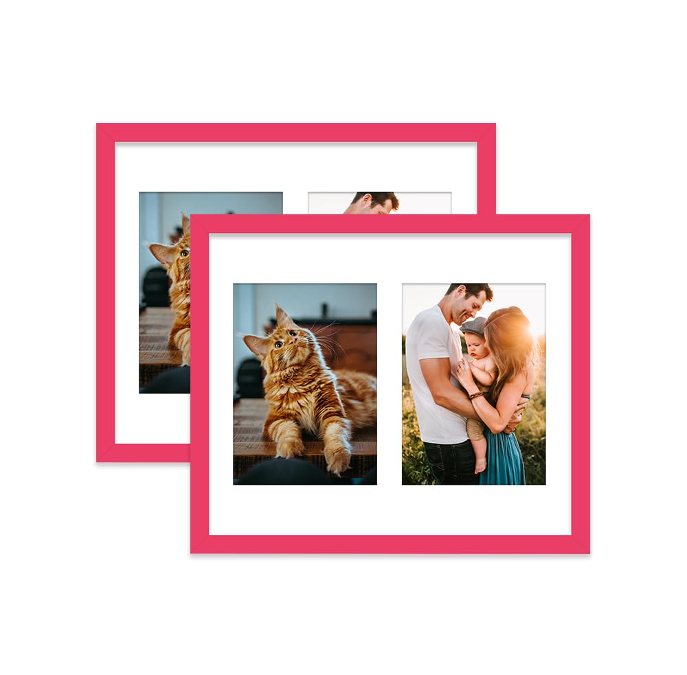 Bright Pink Multi Photo Frame - Holds 2 x 7x5 Pictures, Family Collage Picture Frame for Wall Display, 12x10 Frame size, Set of 2