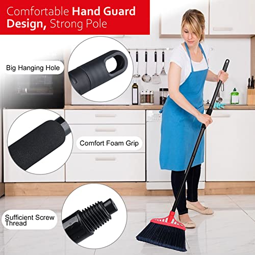 Heavy Duty Broom Outdoor/Indoor Commercial Broom With 55" Long Handle, Wide Angle Corner Broom Perfect For Garage Patio Kitchen Sidewalk Deck Porch Driveway Floor Room Rubbish Sweeping - Black And Red #TOP2