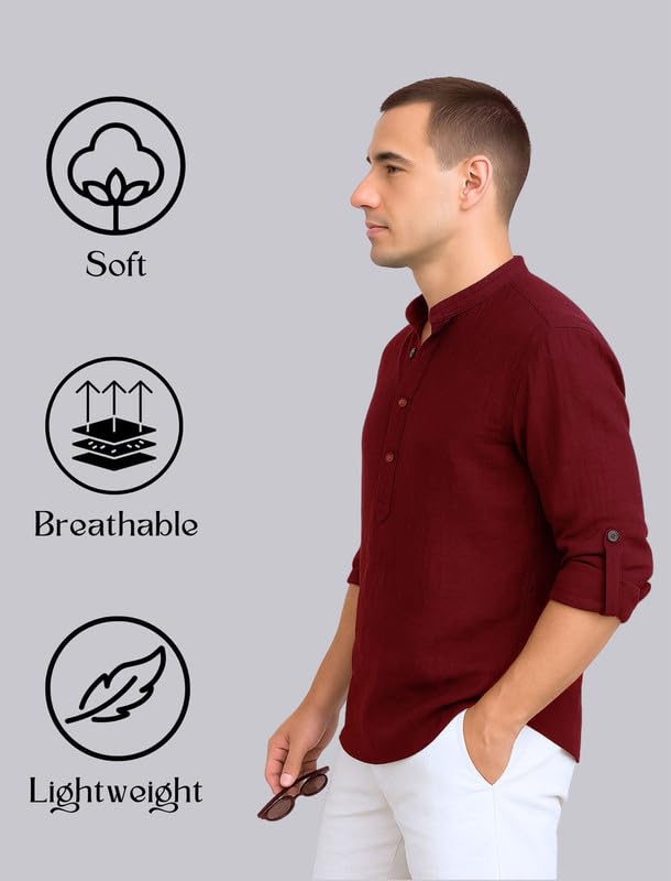 Image of DEEMOON Men's Cotton Blend Solid Regular Fit Full Sleeve Short Kurta | Men's Trendy Short Kurta