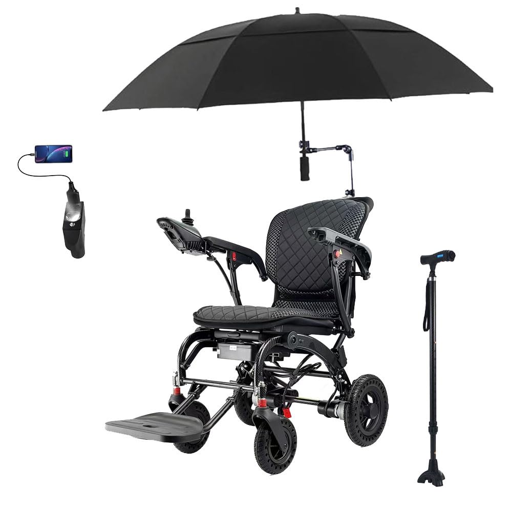 Sedia a rotelle elettrica leggera 33lbs, sedia a rotelle elettrica pieghevole per adulti, doppio motore 360W, braccioli elevatrici, con luce USB e stampelle,10ah