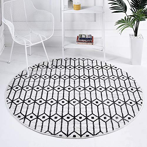Rugs.com Lattice Trellis Collection Rug – 5 Ft Round White Low-Pile Rug Perfect for Kitchens, Dining Rooms