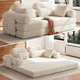 HOMRELEXA Schlafsofa 200cm Breit, Boneless Couch, Bodensofa Bed mit Hohe Rückenlehne, Abnehmbare Integrierte Kopf- und Lendenstütze, 2 Zierkissen, Seitentasche, Cord Sofa mit schlaffunktion, Beige