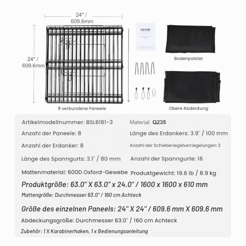VEVOR Welpenlaufstall 8-TLG. Welpenauslauf 609,6cm hoch Tierlaufstall mit Bodenmatte und Abdeckung aus 600D Oxford-Gewebe Hundelaufstall aus Q235 Hundelaufstall Freilaufgehege