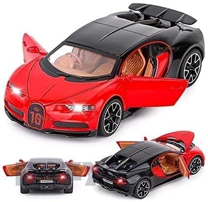 Image of 1:32 Scale Bugatti Chiron Die-Cast Metal Car with Sport car Openable Doors Light and Sound,Pull Back Function Indoor Outdoor Toy for Kids. (Red)