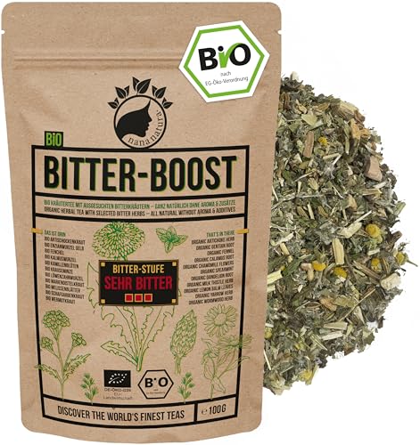 NanaNatura's BIO Bittertee BITTER-BOOST 100g [STARK BITTER] mit 11 Bio-Kräutern wie Wermut, Kalmuswurzel, Löwenzahn, Schafgarbe, Enzian, Mariendistelkraut uvm. | Bitterkräuter Tee