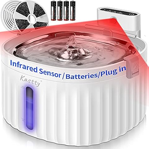 Kastty Battery Operated Cat Water Fountain, 67oz/2L Super Quiet Wireless Pet Fountain Humangrade 304 Stainless Steel Top, Auto ON/Off Motion Sensor+LED Indicator, White (KKFS24) Cover