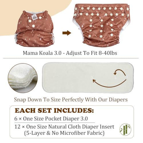 Image of Mama Koala 3.0 Cloth Diapers for Babies with AWJ Lining, 6 Pack with 12 5-Layer Bboo(No Microfiber) Cloth Diaper Inserts - Reusable and Washable Pocket Diapers(12-My Warm Heart)