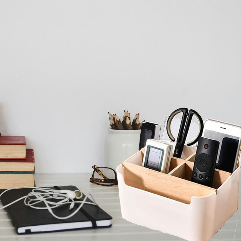 Organisateur Bureau Bois Avec 5 Compartiments - Rangement Stylo Téléphone - Blanc/noir - 18x14.3x9.5cm