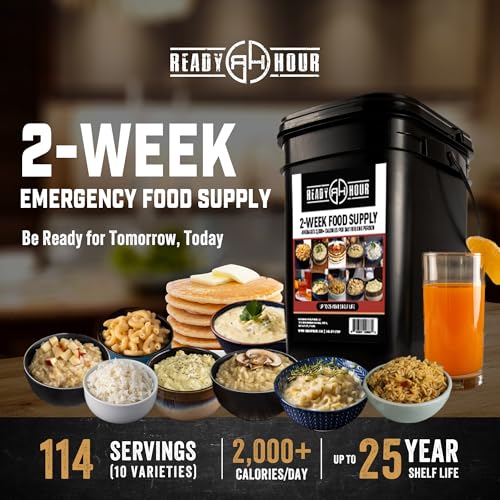 Ready Hour 2-Week Emergency Food Supply (114 Servings), Emergency Storage, Freeze-Dried Kit Meal Entrées, Real Non-Perishable Meals, 25-Year Shelf Life Food, Portable Flood-Safe Container