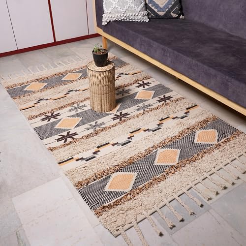 Image of Decazone Boho Washable Rug 4' x 6', Multicolor Cotton Farmhouse Living Room Rugs, Hand Woven Tribal Bohemian Bedroom Rug, Geometric Tufted Floor Carpet for Nursery Entryway Kitchen Patio