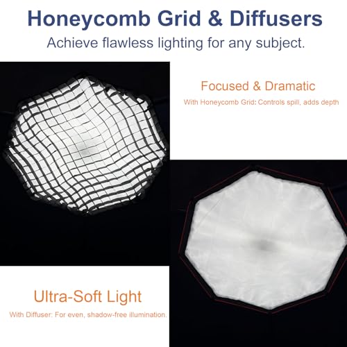 Yanuoda Softbox Octogonal 95cm Profesional - Luz LED de Video 110W Dimmable CRI 97, Incl. Trípode, Difusor & Rejilla, Mando a Distancia para Retrato, Video, Youtube, TikTok Calidad Estudio - imagen 4