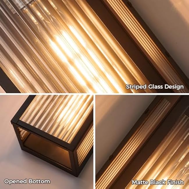 Cerdeco Black Outdoor Wall Light with Striped Tempered Glass,Modern Outdoor Wall Sconce with E26 Socket,2 Pack