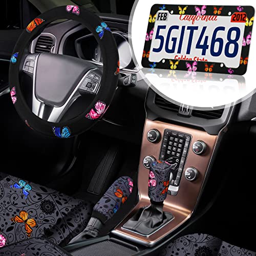 Tallew Car Accessories Butterfly Rubber Covers Full Set For Seat, Mirror, Steering Wheel, License Plate Frame, Women, Universal, 26 Pcs Fit Suv Auto(Multicolor Style) #TOP5