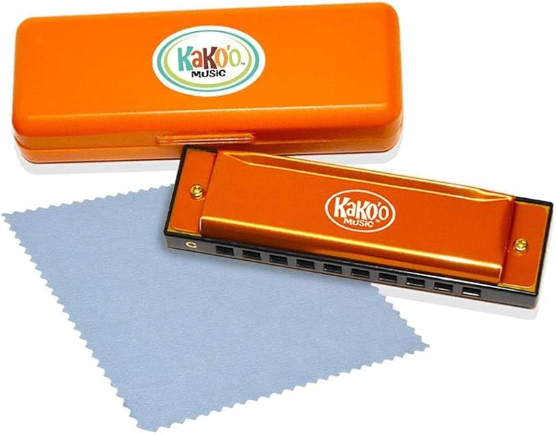 Kako'o: Classic Metal Harmonica - Orange - 4' Harmonica Comes with Storage Case, Microfiber Cloth, & Instruction Manual - Musical Instrument, Ages 5+