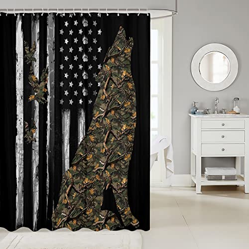 American Flag Shower Curtain, Wolf Bath Curtain Army Green Military Camo Waterproof Shower Curtain for Boys Teens Kids Man,Vintage Usa Flag Grunge Stripes Bathroom Decor with Hooks, 72" W x