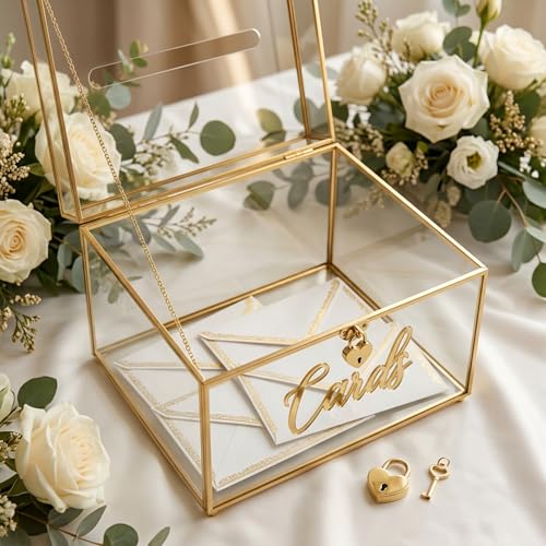 Image of Wedding Card Box with Heart Lock, Large Metal Glass Card Box with Gold Frame for Party Reception, Wedding, Baby Showers, Birthdays, Bridal, or Graduation, 12x9.5x8.5 Inches
