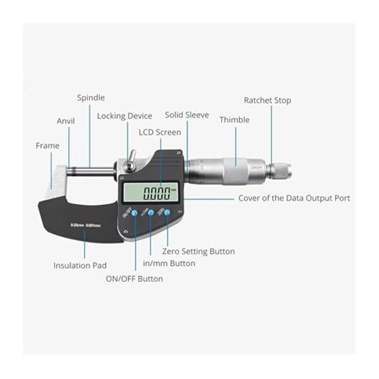 Mikrometr cyfrowy 0,25 mm z wyświetlaczem LCD, rozdzielczość,001, mikrometr zewnętrzny(0 25mm)